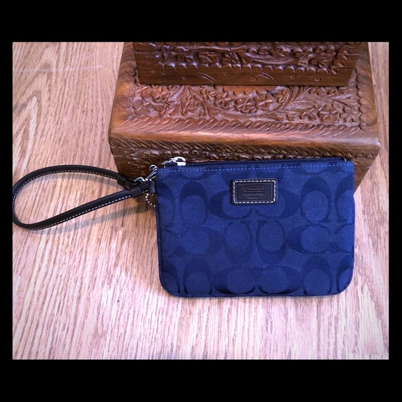 Coach Handbags - Coach Signature Blue Canvas Wristlet w/ Brown Trim